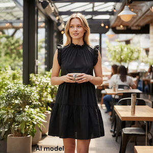 Valentina Naldi Made in Italy Black Cotton Tiered Dress Ruffle Eyelet Sleeves, M